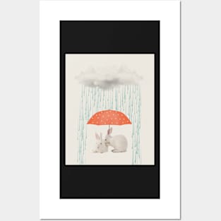 White rabbits under the rain red umbrella Posters and Art